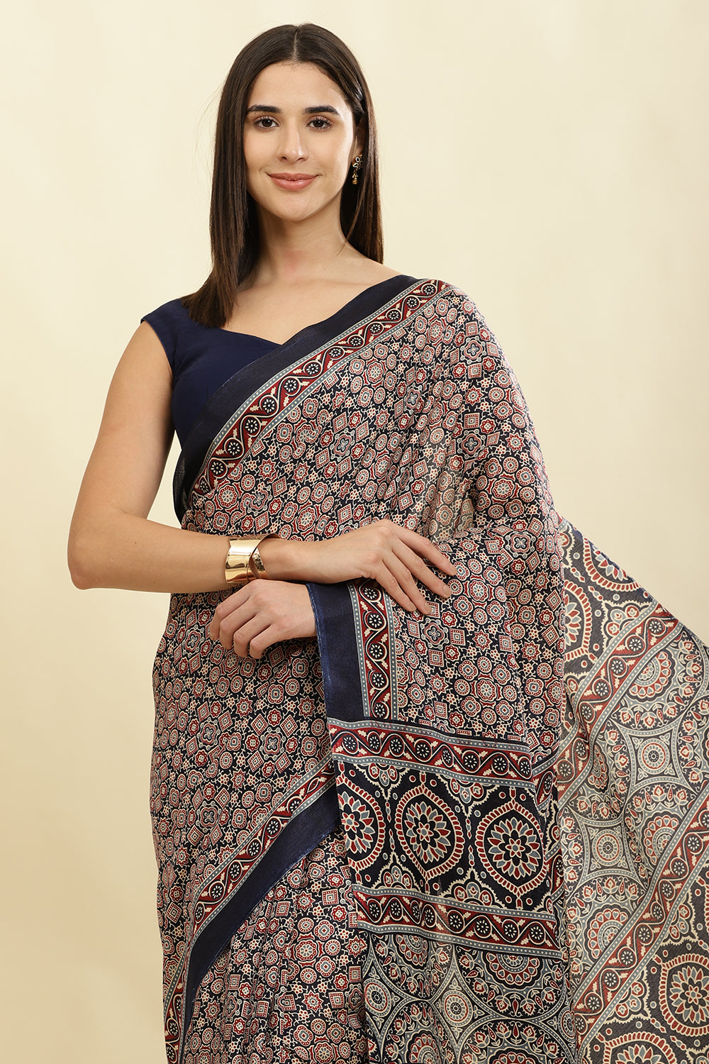 Navy Cotton Silk Ajrakh Block Printed Saree