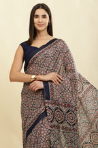 Navy Cotton Silk Ajrakh Block Printed Saree