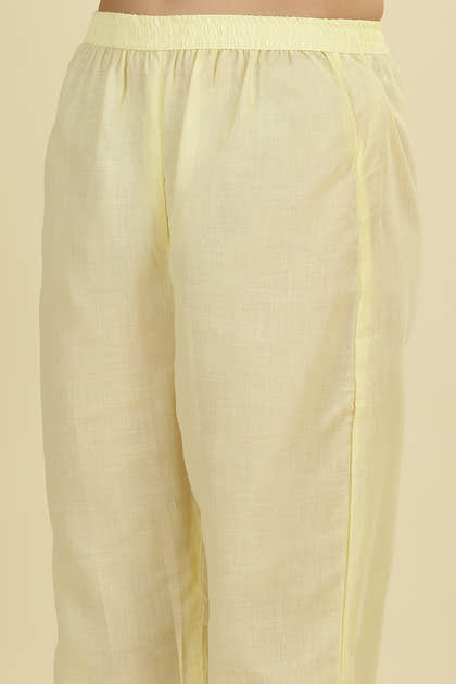 Pale Yellow Cotton Hacoba Style Neck-Embroidered Kurta Set
