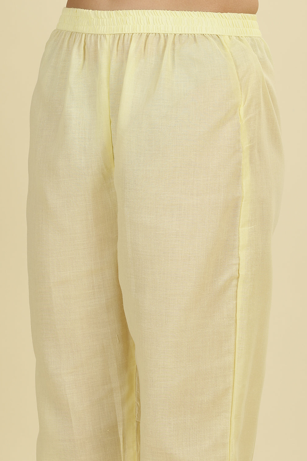 Pale Yellow Cotton Hacoba Style Neck-Embroidered Kurta Set