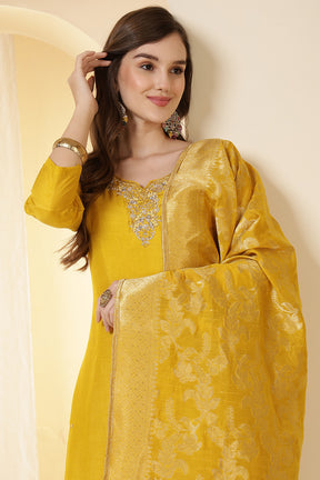 Mustard Color Silk Neck Embroidered Suit Set