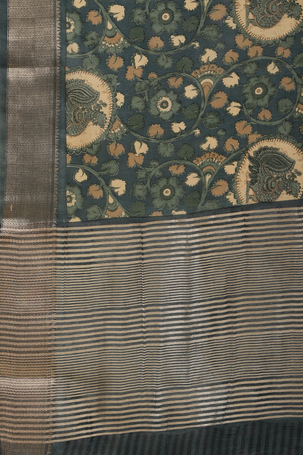 Blue Floral Printed & Zari Border Cotton Silk Saree