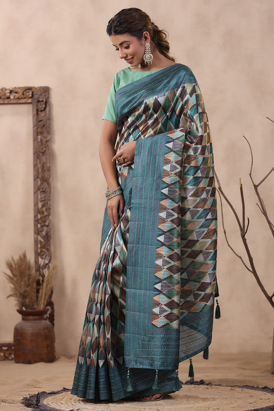 Teal Color Tussar Cotton Printed Saree
