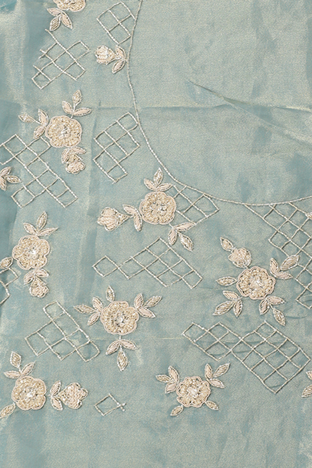 Firozi Color Pure Tissue Silk Saree with Pearl and Zardozi Handwork