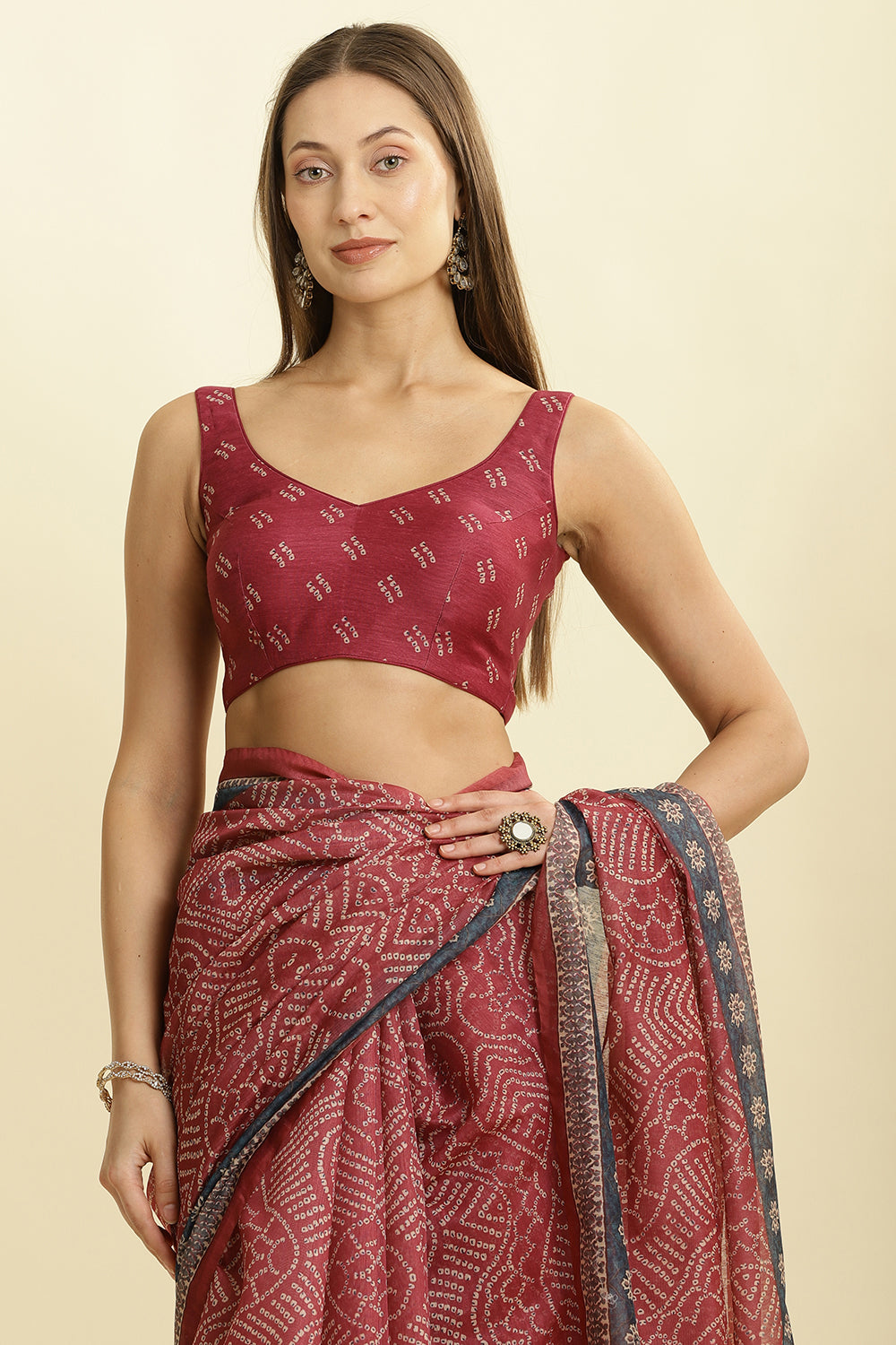 Light Maroon Bandhani Printed Cotton Saree