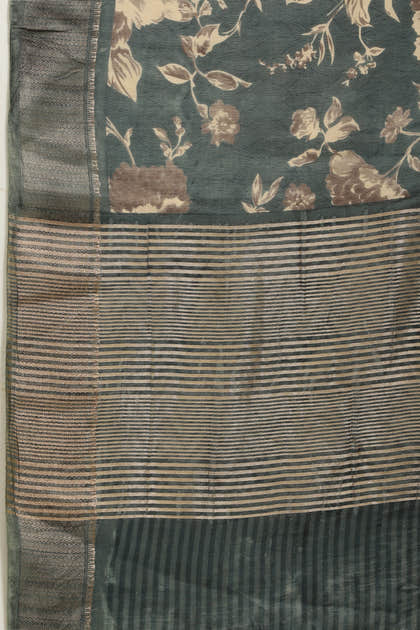 Sea Green Cotton Silk Floral Printed & Zari Border Saree