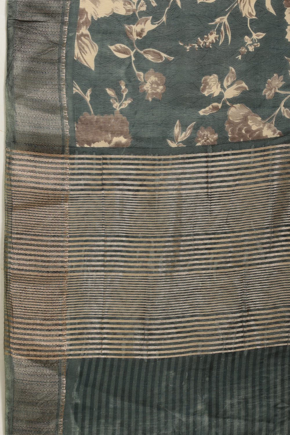 Sea Green Cotton Silk Floral Printed & Zari Border Saree