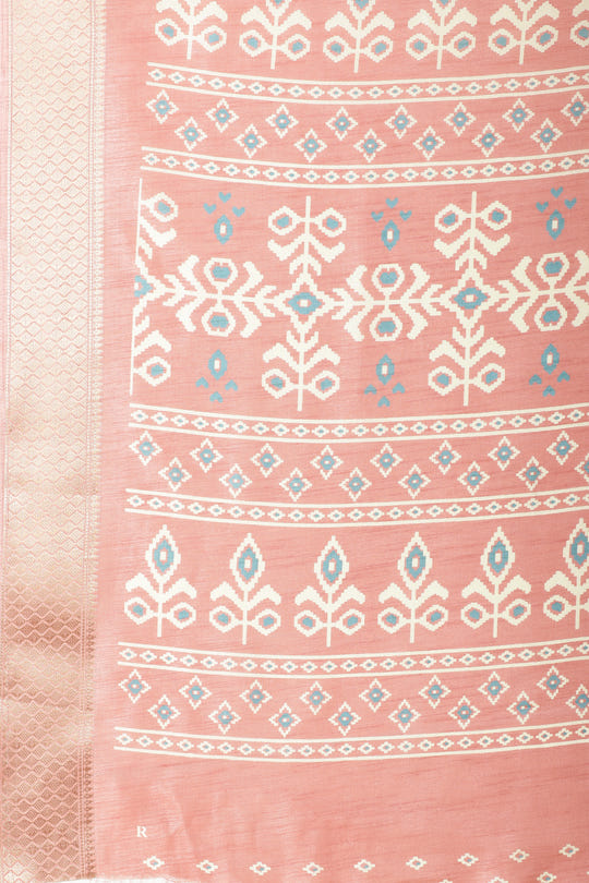 Peach Cotton Silk Printed And Zari Woven Saree