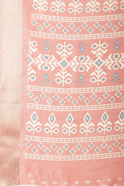 Peach Cotton Silk Printed And Zari Woven Saree