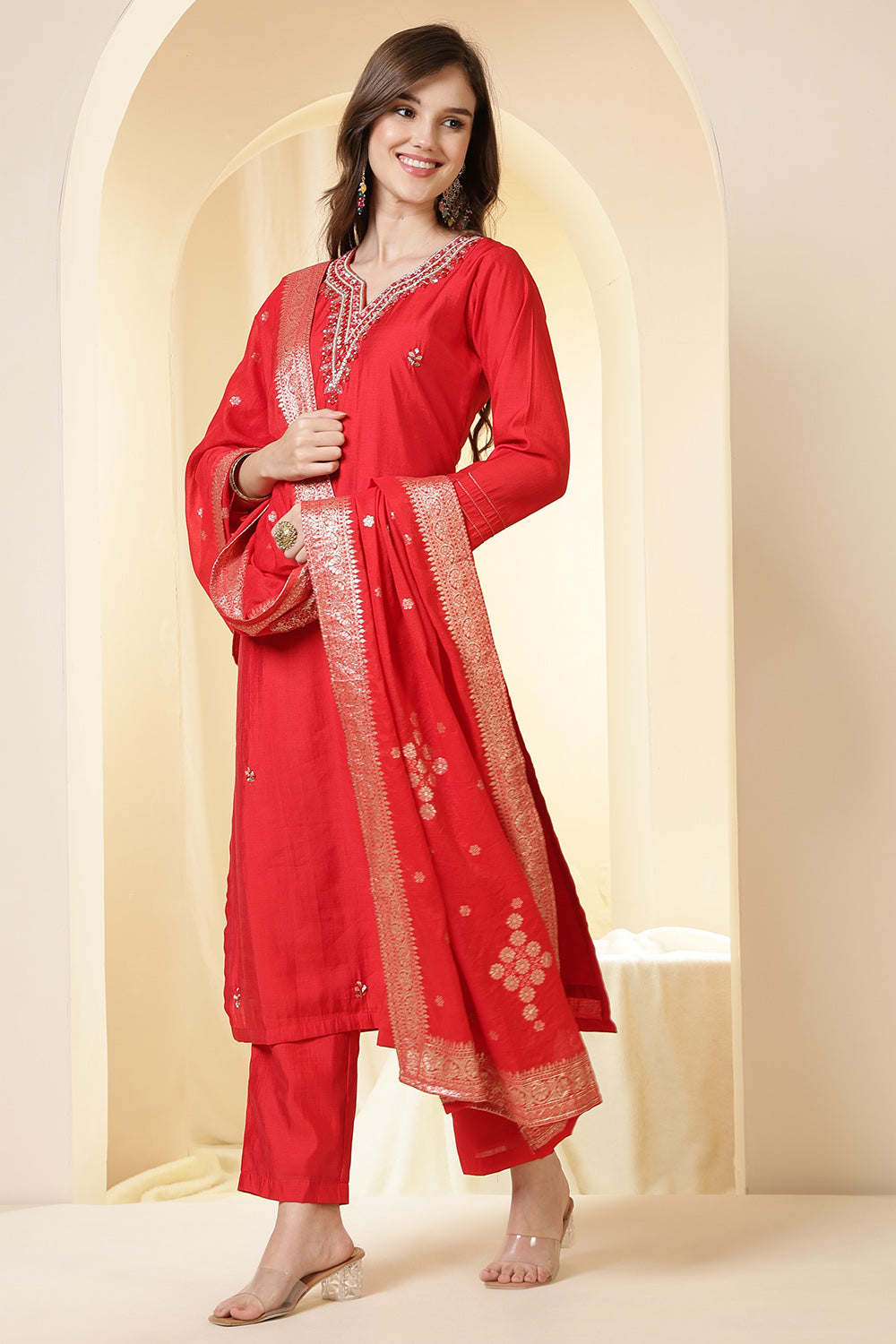 Red Silk Embroidered Suit Set