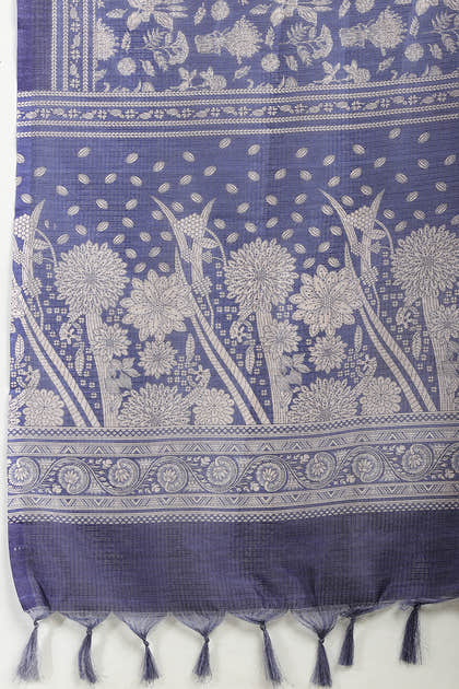 Indigo Kota Cotton Floral Jaal Printed Saree