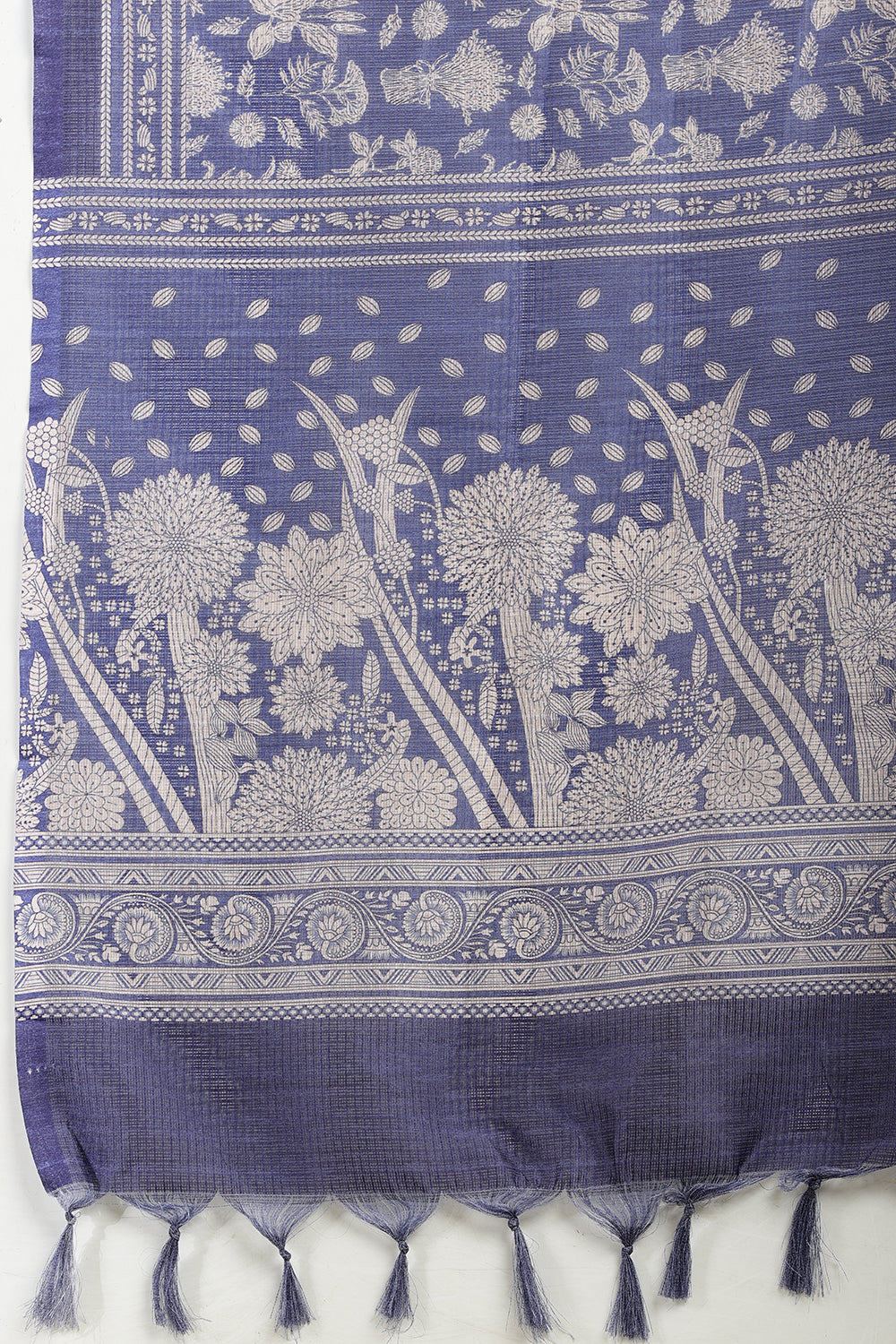 Indigo Kota Cotton Floral Jaal Printed Saree