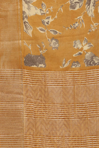 Mustard Cotton Silk Floral Printed & Zari Border Saree