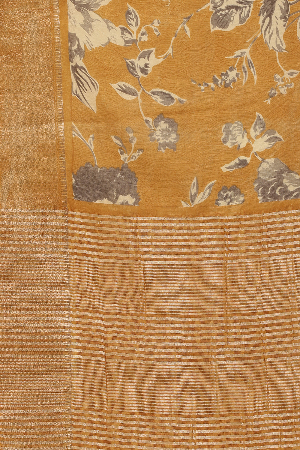 Mustard Cotton Silk Floral Printed & Zari Border Saree
