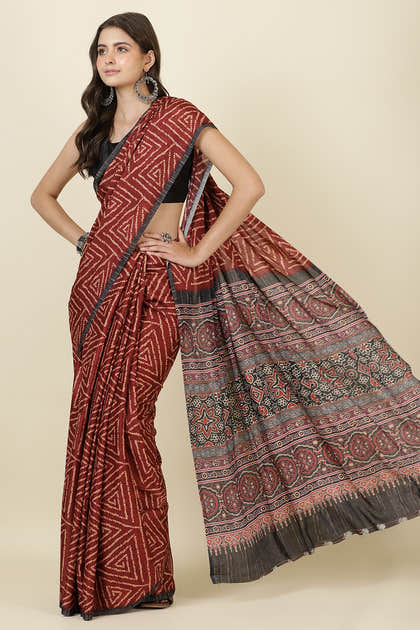 Maroon Jacquard Silk Bandhani Printed Saree