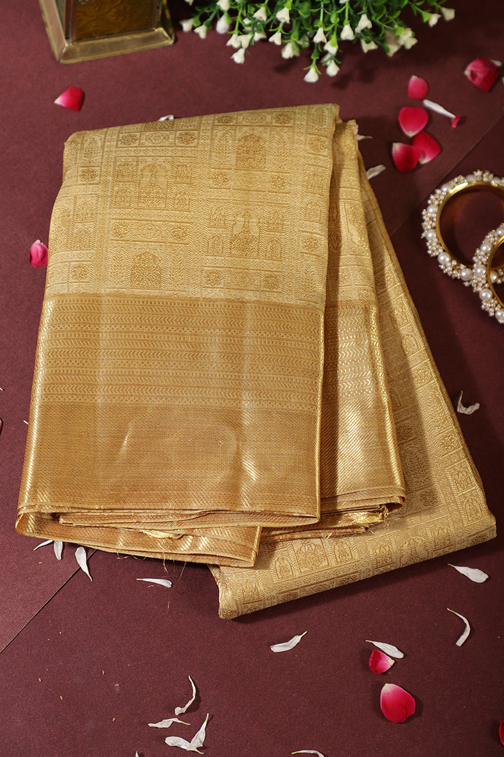 Tussar Color Kanjivaram Pure Silk Handloom Zari Saree with Temple Motifs