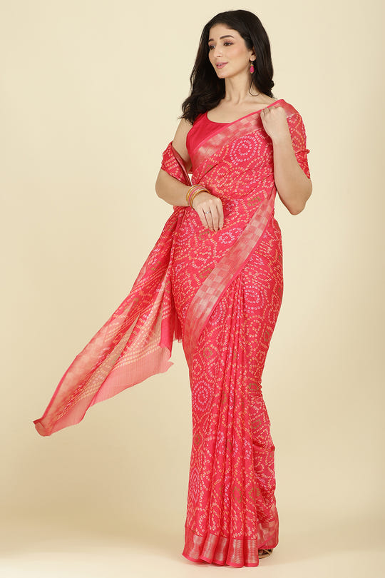 Fuchsia Pink Colour Chiffon Bandhani Printed Saree