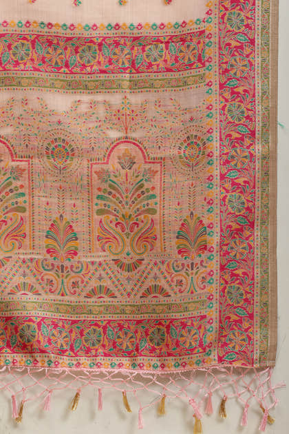 Pink Chanderi Cotton kashida Weaves Saree