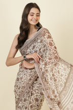 White & Brown Georgette Floral Printed Saree