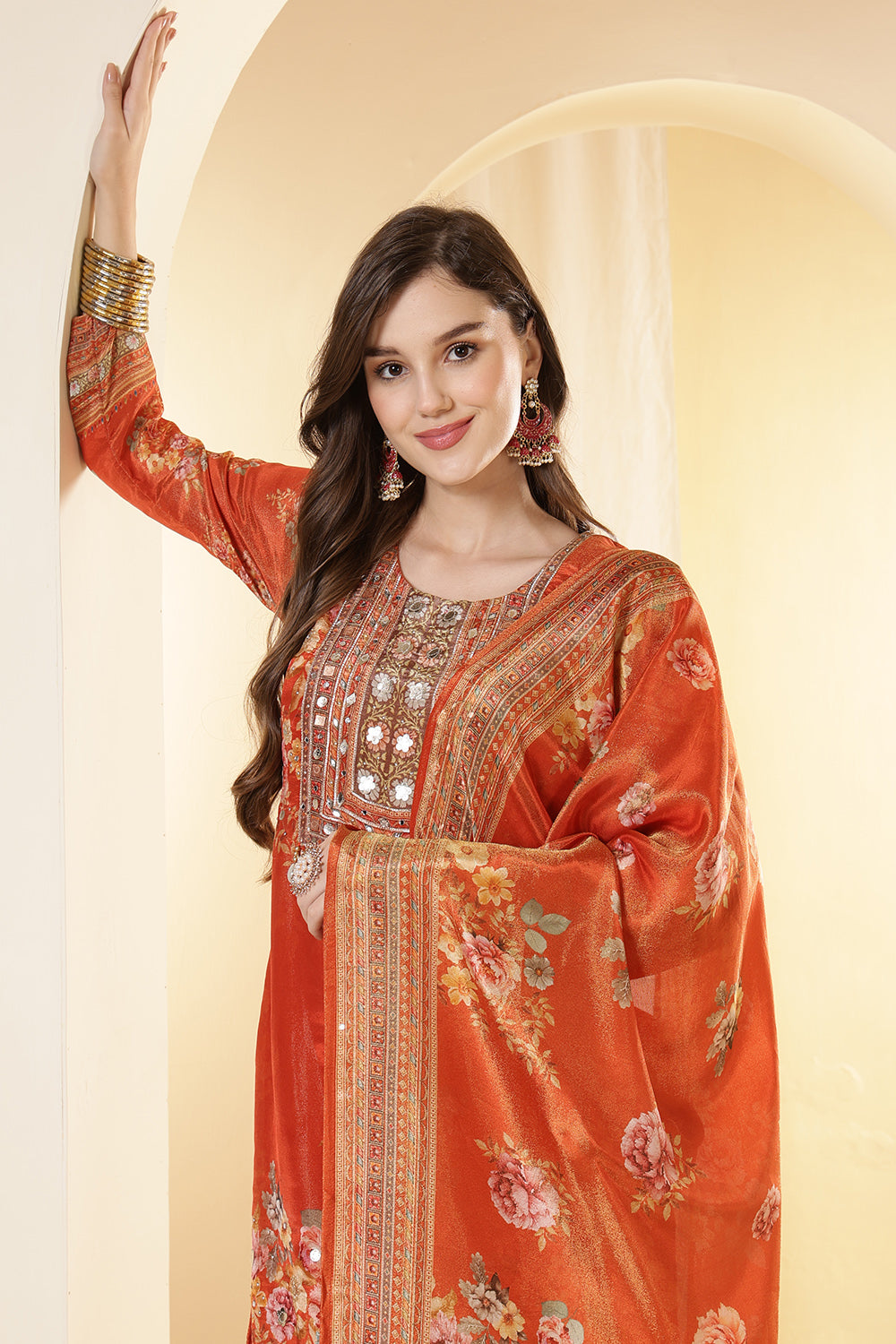 Orange Color Shimmer Tissue Printed & Embroidered Suit Set