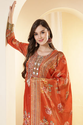 Orange Color Shimmer Tissue Printed & Embroidered Suit Set
