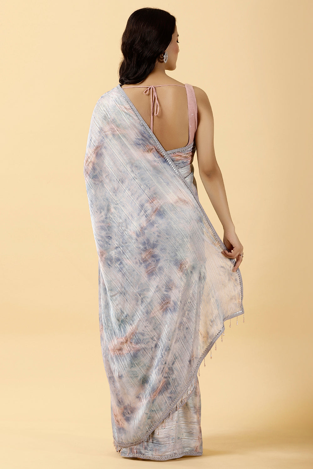 Grey Color Printed Chinon Saree