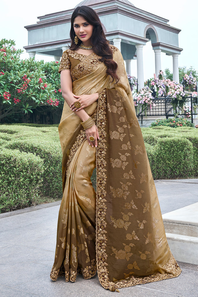 Beige & Brown Ombre Tissue Silk Embroidered Saree