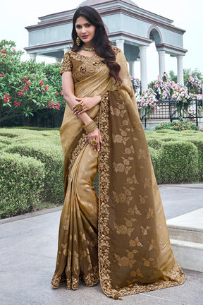 Beige & Brown Ombre Tissue Silk Embroidered Saree