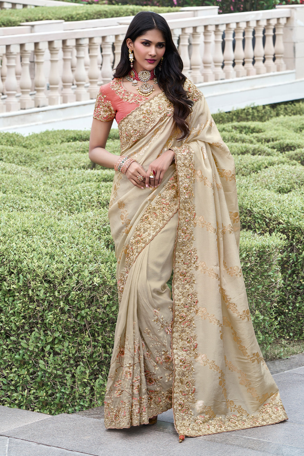 Cream Color Tissue Silk Embroidered Saree
