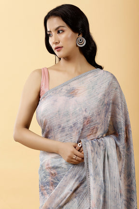 Grey Color Printed Chinon Saree
