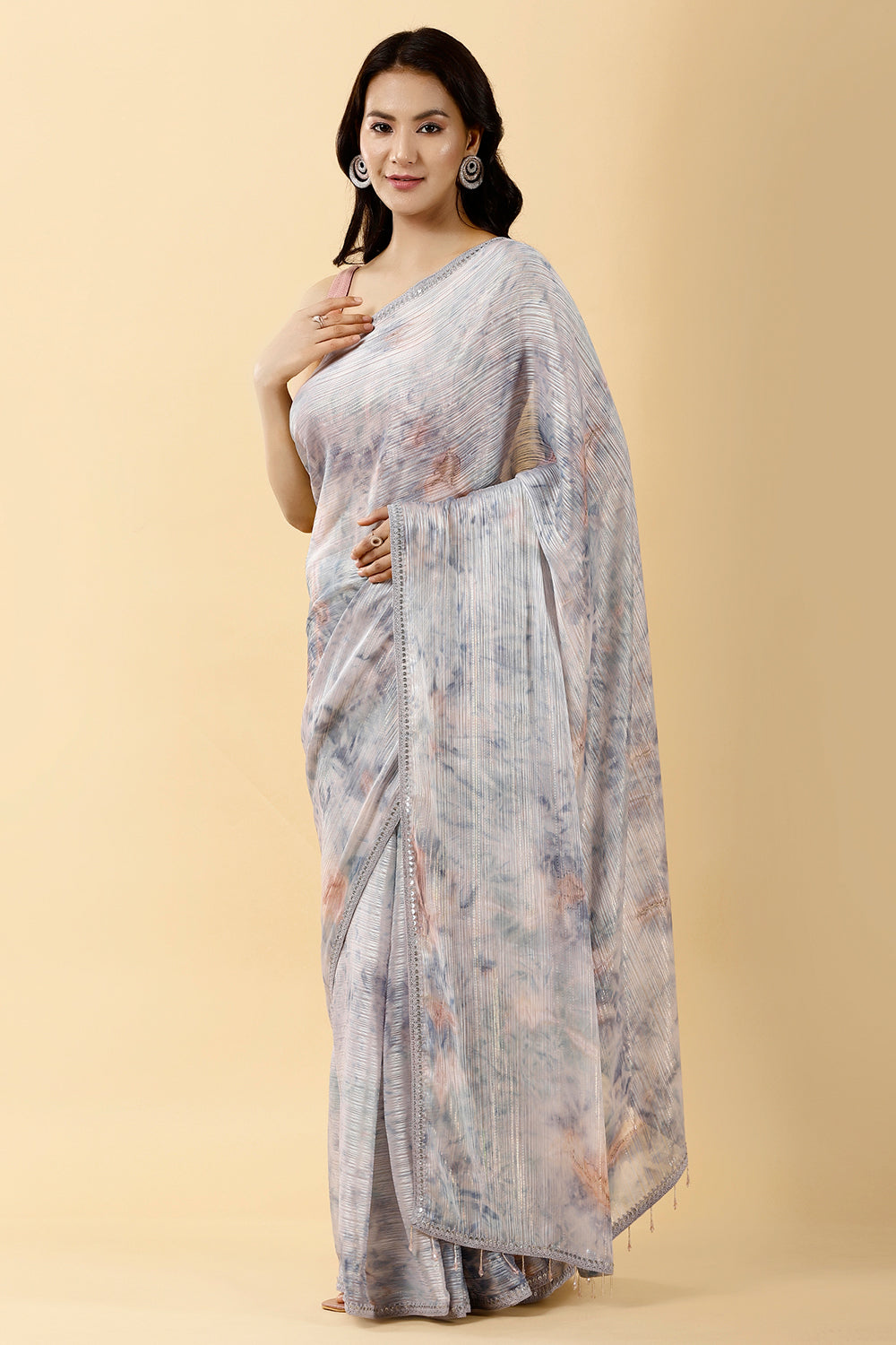 Grey Color Printed Chinon Saree