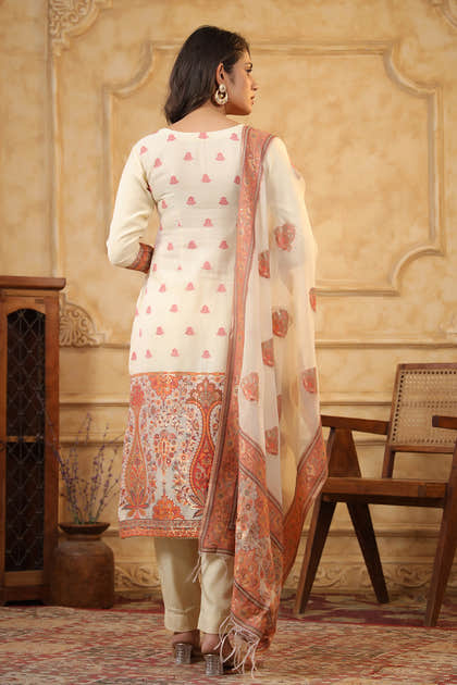 Cream Color Meena-Kaari Woven Chanderi Suit