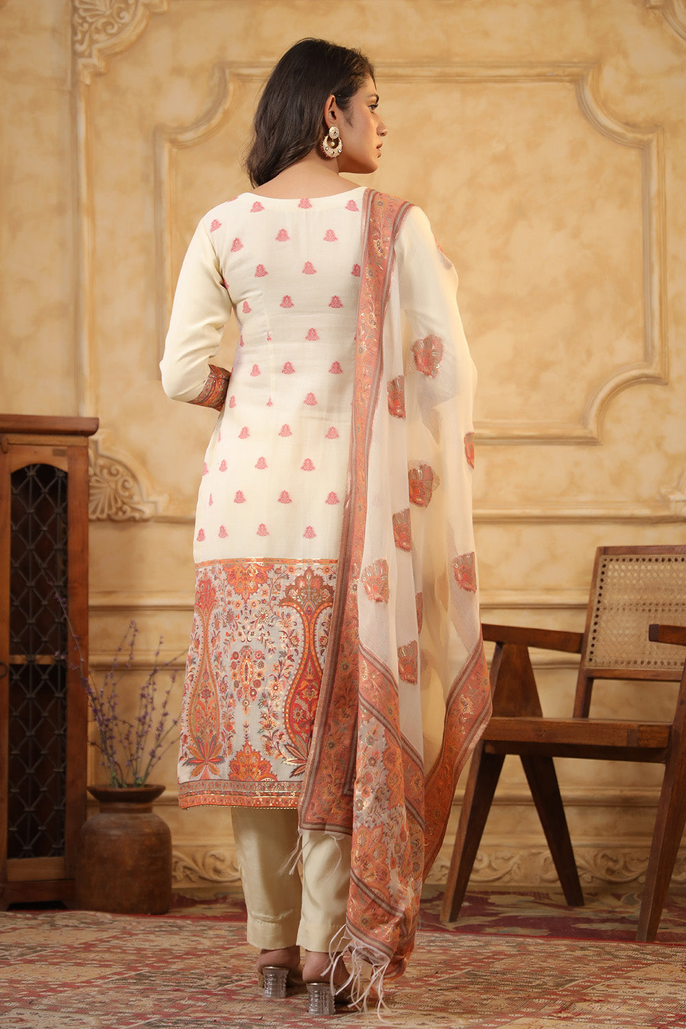 Cream Color Meena-Kaari Woven Chanderi Suit