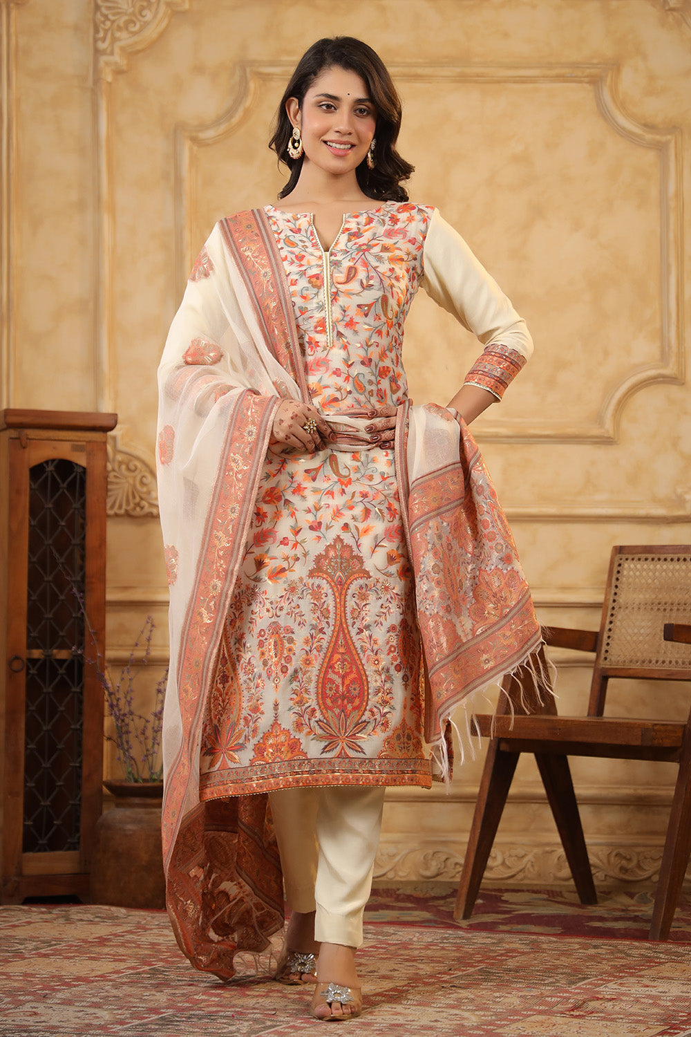 Cream Color Meena-Kaari Woven Chanderi Suit