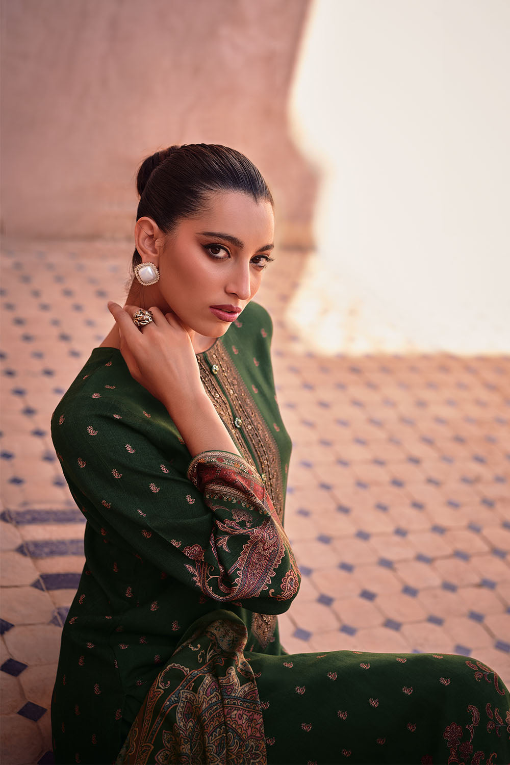 Green Color Pashmina Printed Unstitched Suit Material