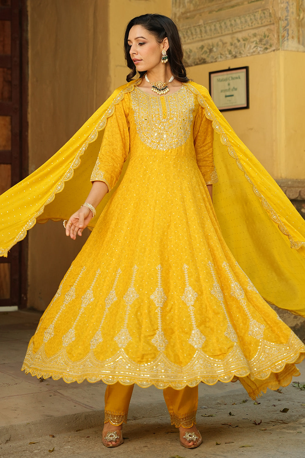 Mustard Color Muslin Zari Embroidered Anarkali Suit