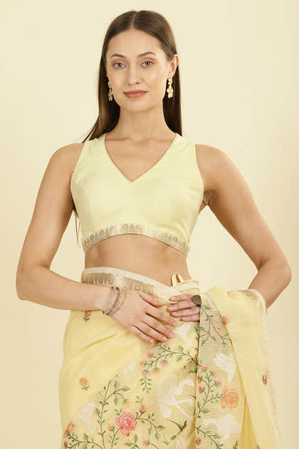 Yellow Kota Cotton Floral Resham Embroidered And Zari Woven Saree