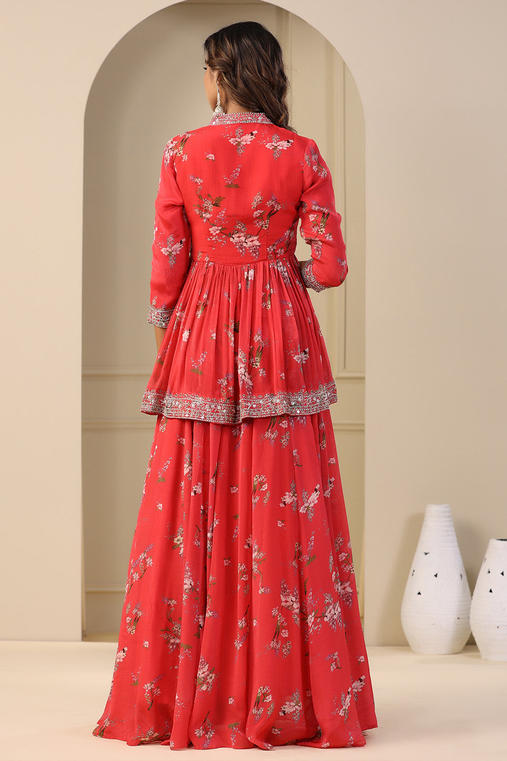 Coral Color Crepe Printed Peplum Suit With Skirt