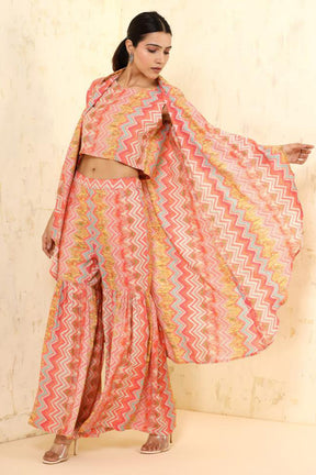 Multi-Colour Muslin Printed Crop-Top Kurta and Gharara Set With Shrugs