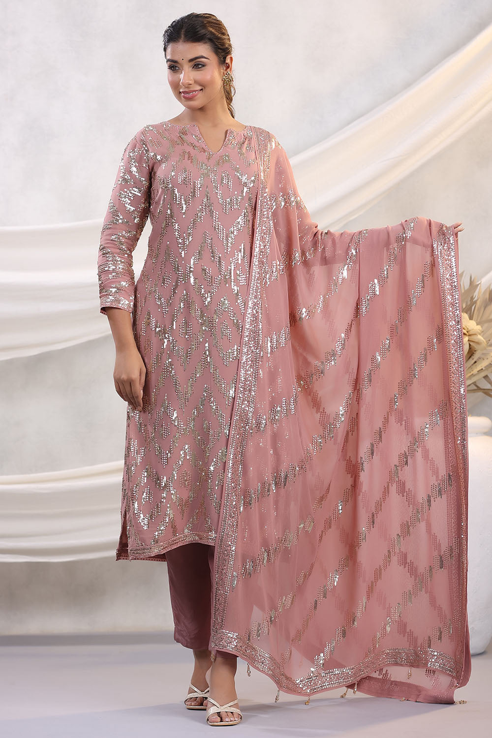 Dusty Pink Color Embroidered Georgette Unstitched Suit Material