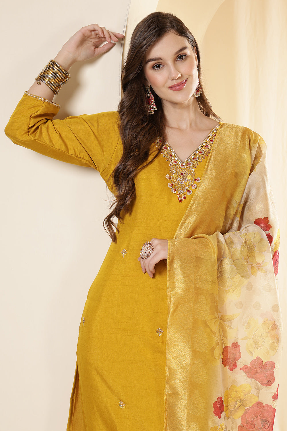 Mustard Color Silk Suit Set With Neck Embroidered & Floral Printed Dupatta