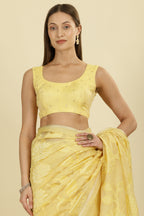 Pale Yellow Cotton Floral Resham Embroidered Saree