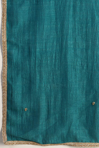 Teal Crepe Silk Neck Embroidered Suit