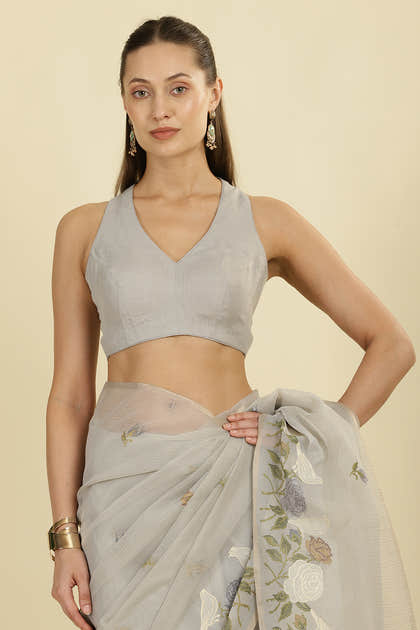 Grey Kota Cotton Floral Resham Embroidered And Zari Woven Saree