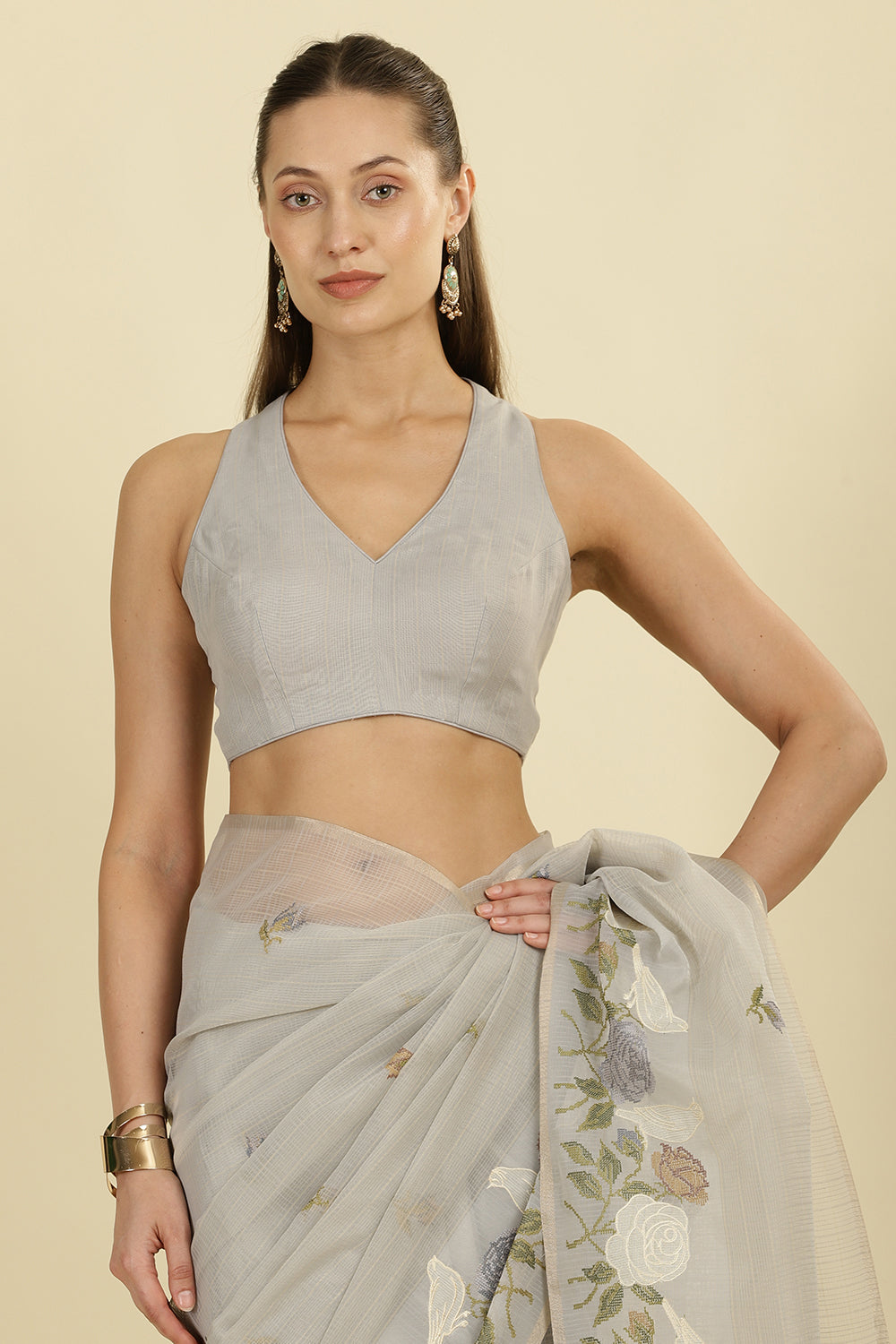 Grey Kota Cotton Floral Resham Embroidered And Zari Woven Saree