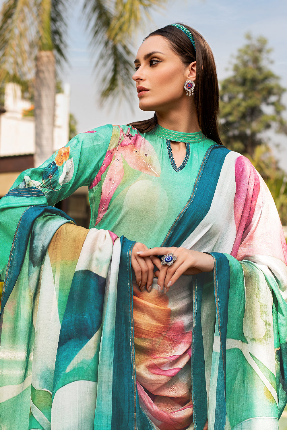 Turquoise  Color Printed Crepe Silk Unstitched Suit Material