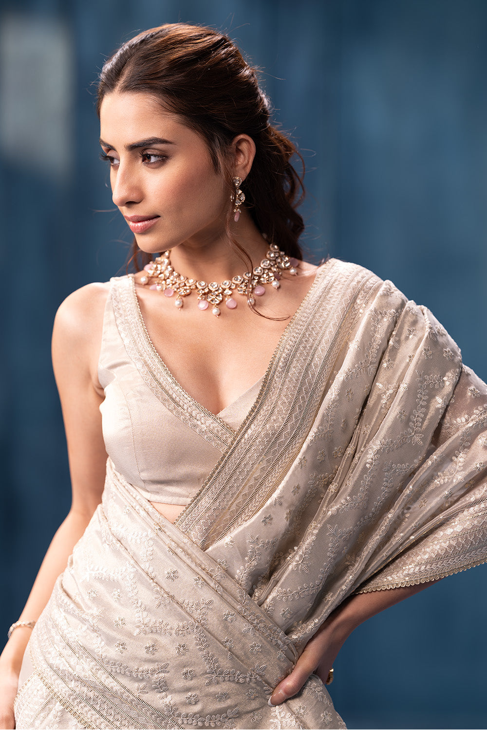 Silver Color Pure Metallic Tissue Resham & Sequins Embroidered Saree