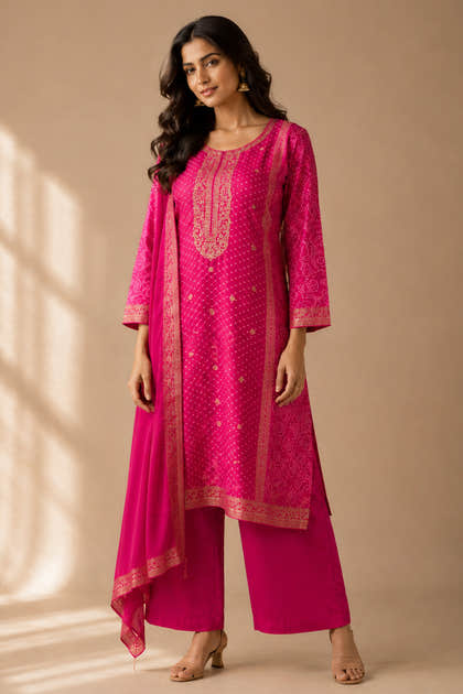 Rani Zari Woven And Printed Silk Suit Set