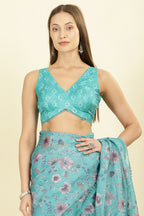 Sea Green Organza Floral Printed And Lace Work Saree