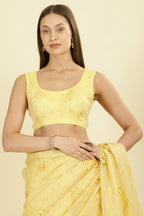 Pale Yellow Floral Resham Embroidered Cotton Saree